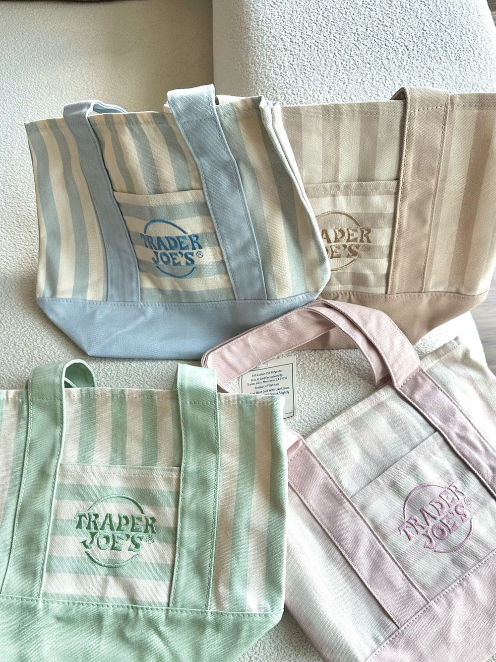 Trader Joe’s Mini Tote Set of 4 NWT Pastel Striped Bags Pink Blue Green Beige - Picture 2 of 6